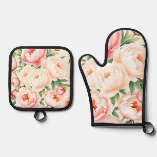 Romantic Blush Pink Peony Pattern Oven Mitt & Pot Holder Set