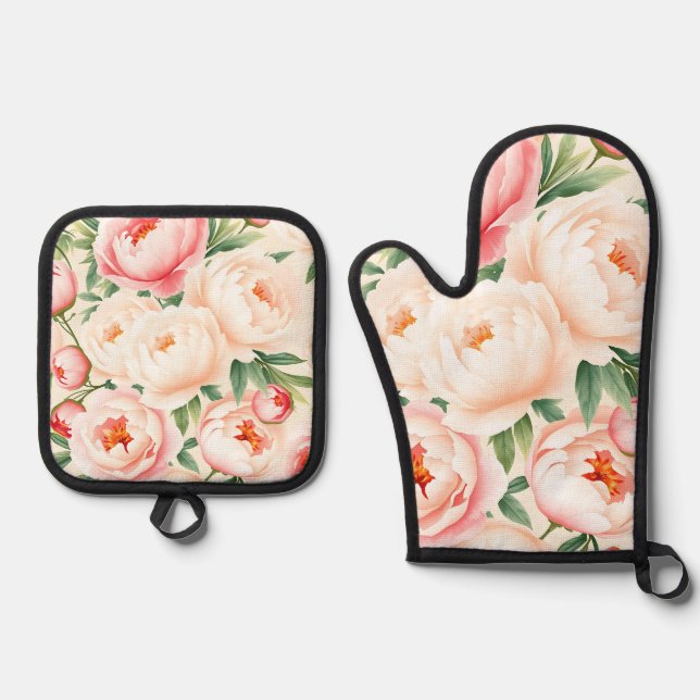 Romantic Blush Pink Peony Pattern Oven Mitt & Pot Holder Set (Front)