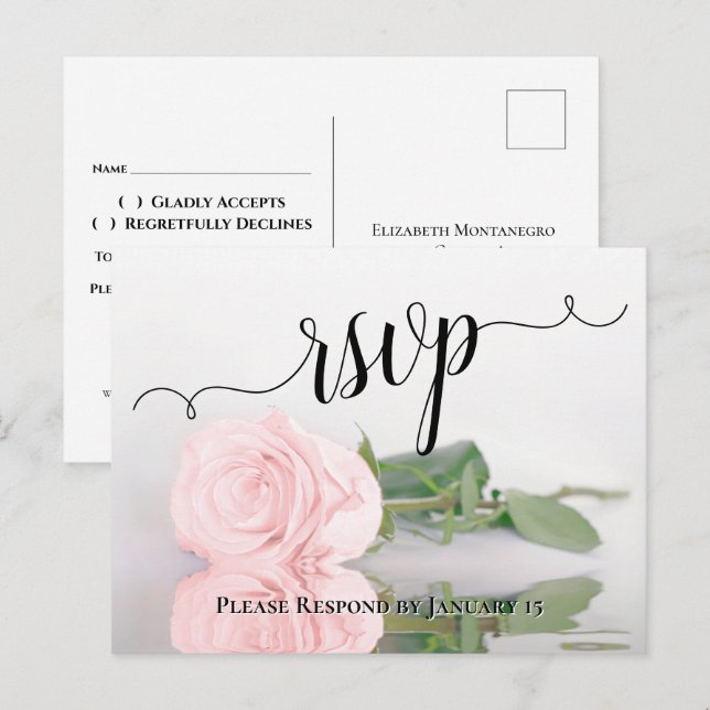 Romantic Blush Pink Reflecting Rose Wedding RSVP Postcard (Front/Back)