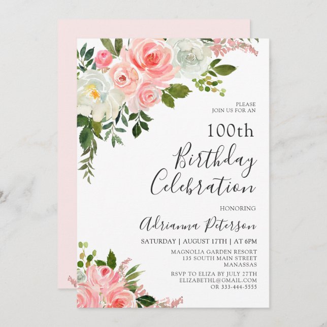 Romantic Blush Pink Rose Floral 100th Birthday Invitation (Front/Back)