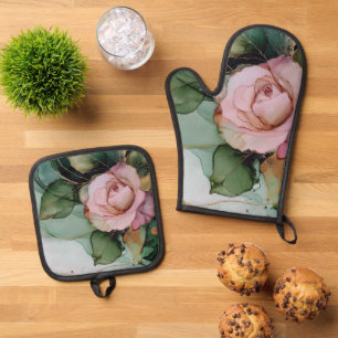 Romantic Blush Pink Rose Floral Bridal shower Oven Mitt & Pot Holder Set