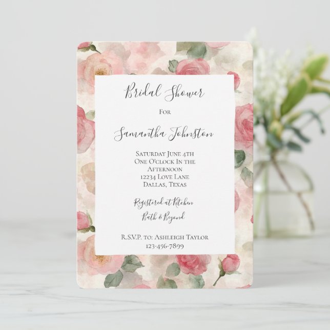 Romantic Blush Pink Roses Floral Bridal Shower Invitation (Standing Front)