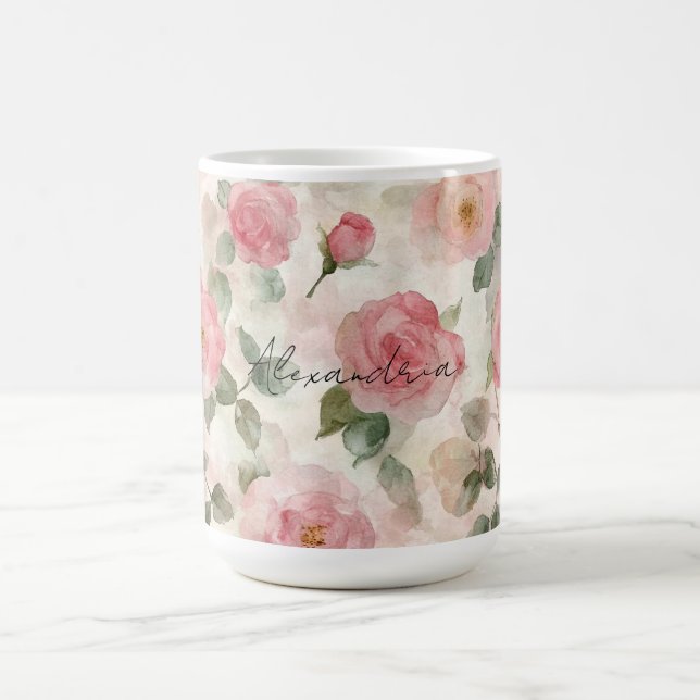 Romantic Blush Pink Roses Floral Coffee Mug (Center)