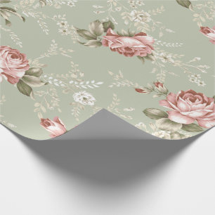 Romantic Blush Pink Roses - Sage Green Background Wrapping Paper