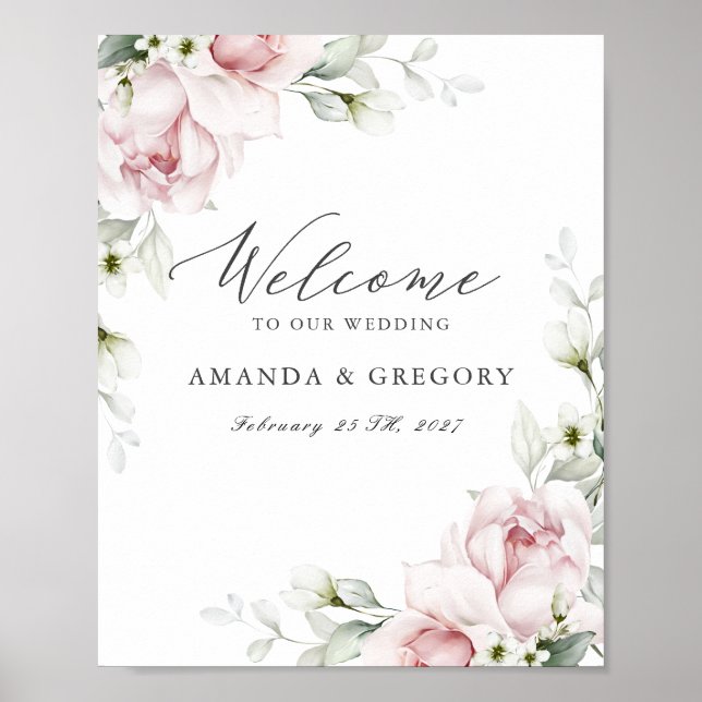 Romantic Blush Pink Roses Wedding Welcome Sign (Front)