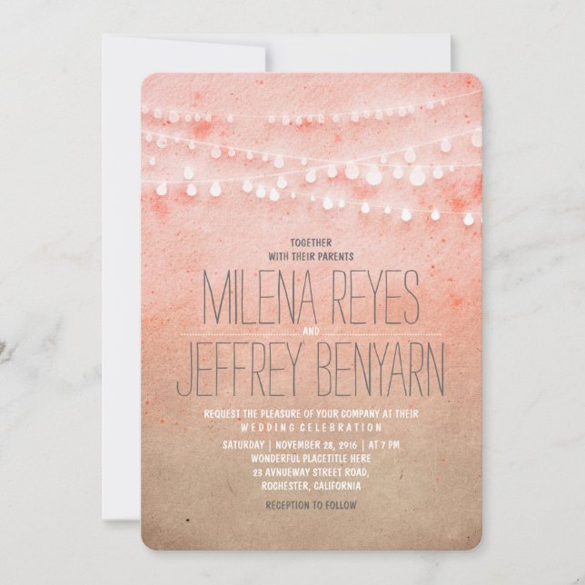 Romantic Blush Pink String Lights Wedding Invites (Front)