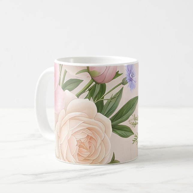 Romantic Blush Rose Garden Floral Pattern Coffee Mug (Front Left)