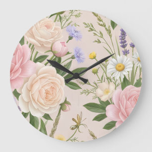Romantic Blush Rose Garden Floral Pattern Large Clock