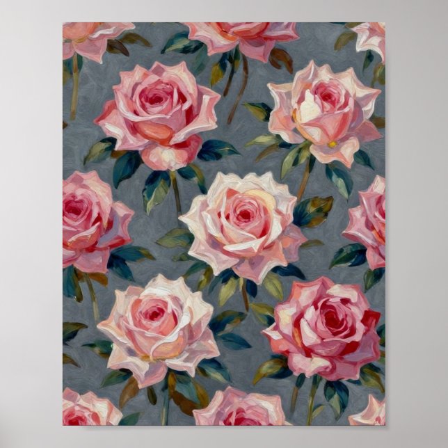 Romantic Blush Rose Garden: Hand-Painted Impasto F Poster (Front)