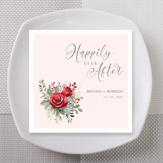 Romantic Blush Rose Happily Ever After Napkin (Romantic blush rose happily ever after wedding napkins )