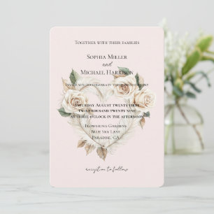 Romantic Blush Roses Feathers Floral Heart Wedding Invitation