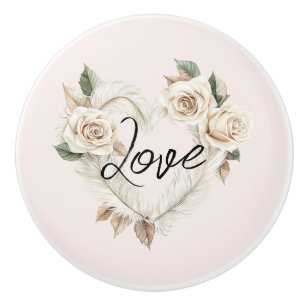 Romantic Blush Roses Feathers Heart Love Ceramic Knob