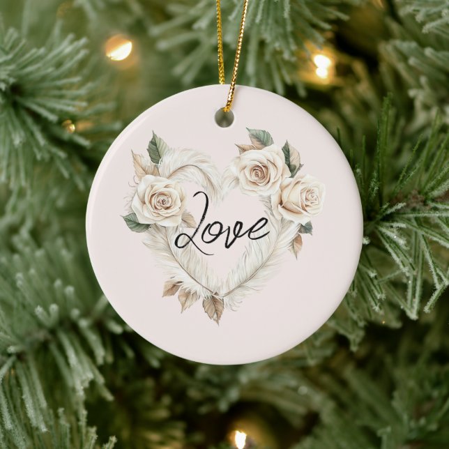 Romantic Blush Roses Feathers Heart Love Ceramic Tree Decoration (Tree)