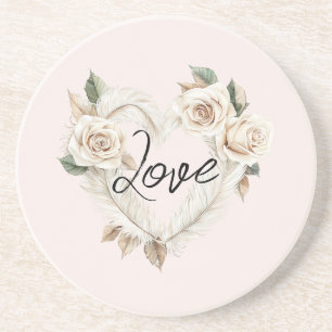 Romantic Blush Roses Feathers Heart Love Coaster