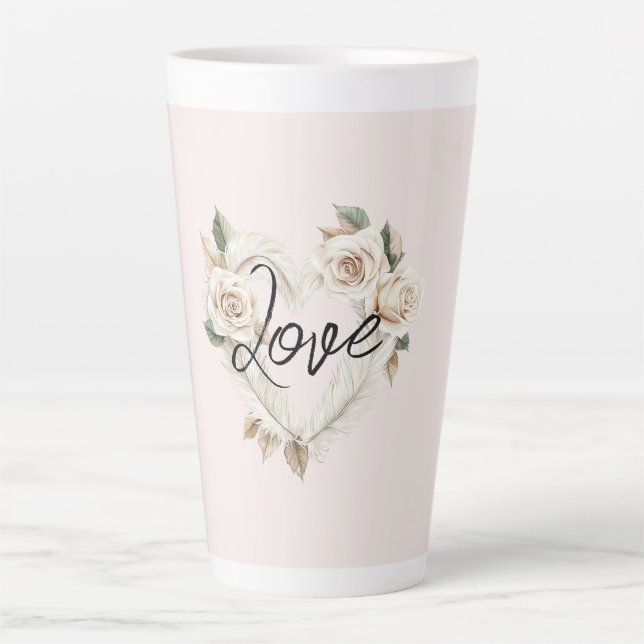 Romantic Blush Roses Feathers Heart Love Latte Mug (Front)