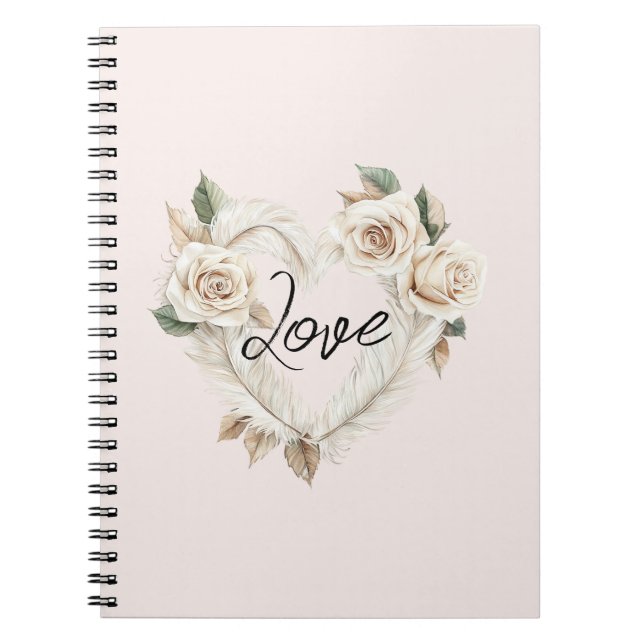 Romantic Blush Roses Feathers Heart Love Notebook (Front)
