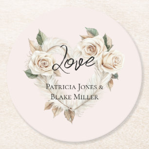 Romantic Blush Roses Feathers Heart Wedding Round Paper Coaster