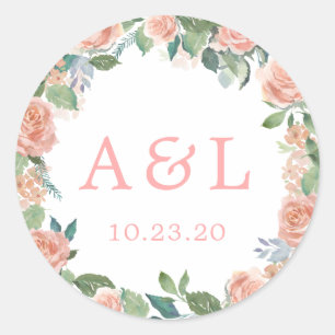 Romantic Blush Roses Monogram Round Sticker