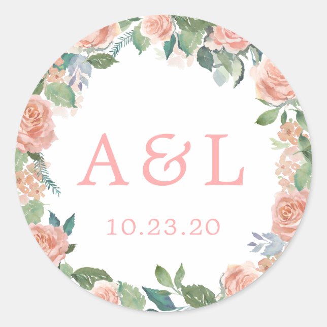 Romantic Blush Roses Monogram Round Sticker (Front)