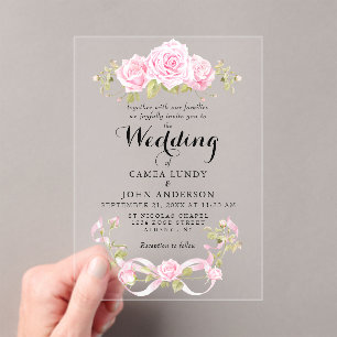 Romantic Blush Roses & Pink Bow Wedding Acrylic Invitations