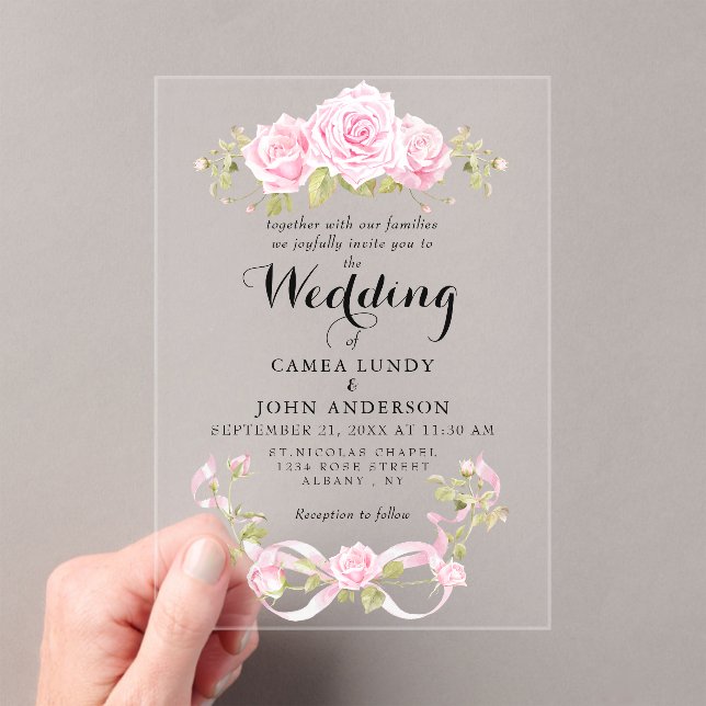 Romantic Blush Roses & Pink Bow Wedding Acrylic Invitations (Insitu (Handheld))