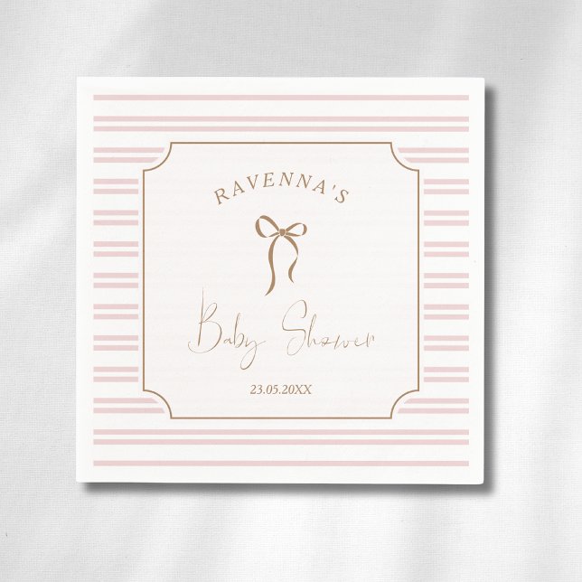 Romantic Blush Striped Gold Bow Frame Baby Shower Napkin (Creator Uploaded)