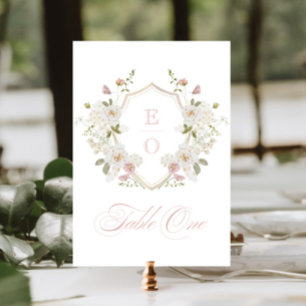 Romantic Blush White Monogram Crest Table Number