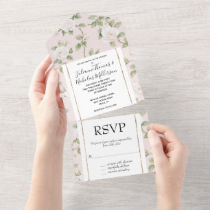 Romantic Blush White Pink Floral Wedding All In One Invitation