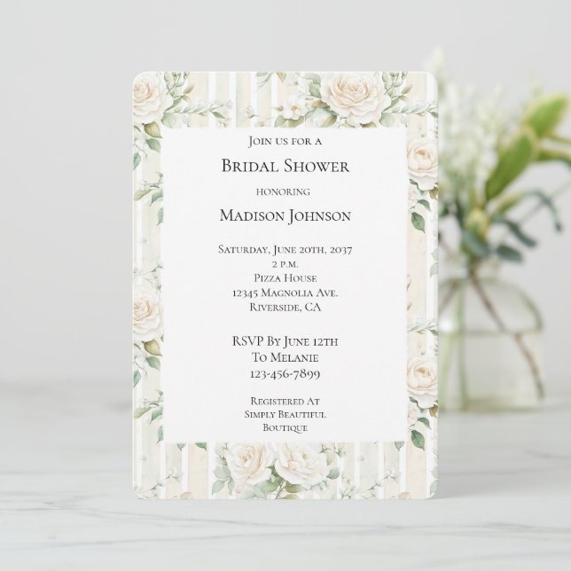 Romantic Blush White Roses Floral Bridal Shower Invitation (Standing Front)