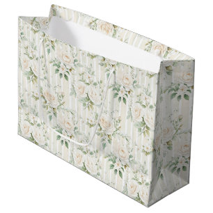 Romantic Blush White Roses Floral Stripes Wedding Large Gift Bag