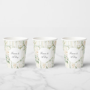 Romantic Blush White Roses Floral Stripes Wedding Paper Cups