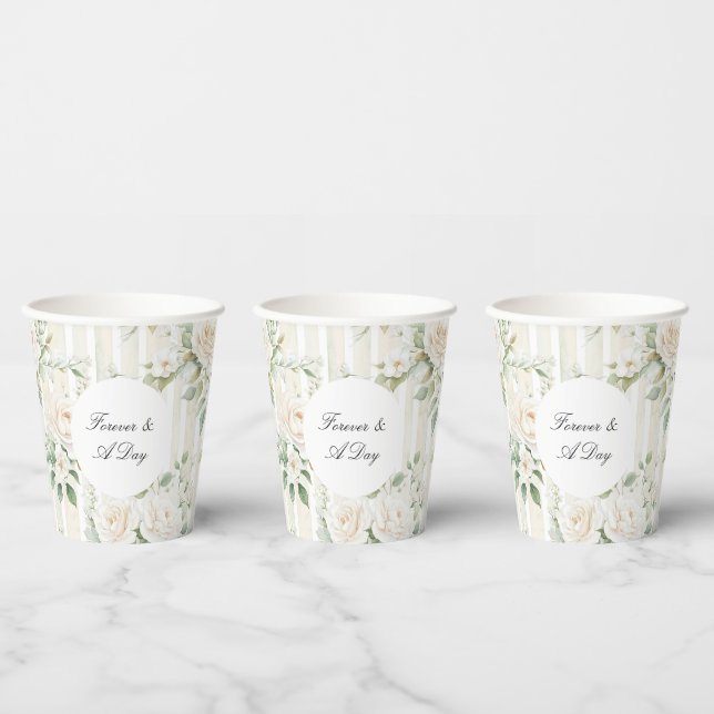 Romantic Blush White Roses Floral Stripes Wedding Paper Cups (Multi)