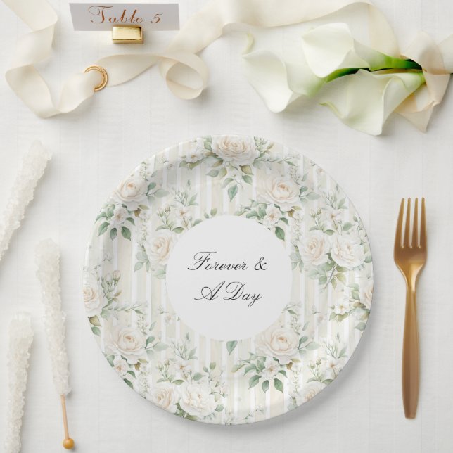 Romantic Blush White Roses Floral Stripes Wedding Paper Plate (Wedding)