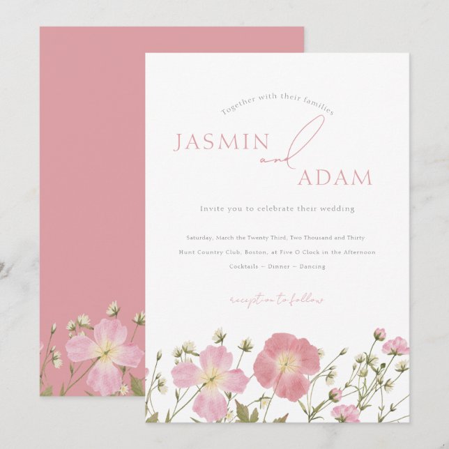 Romantic Blush Wildflower Floral Monogram Wedding Invitation (Front/Back)