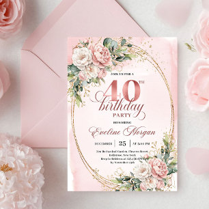 Romantic Bohemian Blush Floral Gold 40th Birthday Invitation
