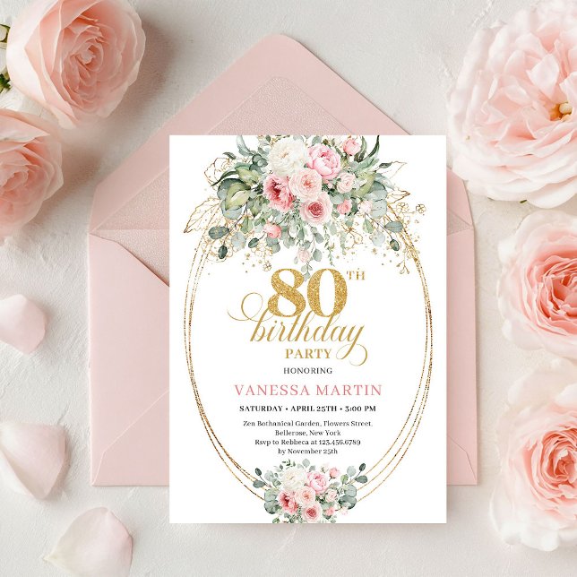 Romantic Bohemian Blush Floral Gold 80th Birthday Invitation (Romantic Bohemian Blush Floral Gold 80th Birthday)