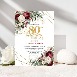 Romantic Bohemian Burgundy 80th Birthday Invitation