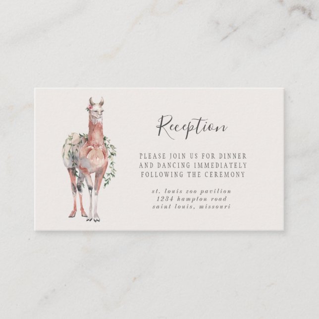 Romantic Bohemian Llama Wedding Reception Enclosure Card (Front)