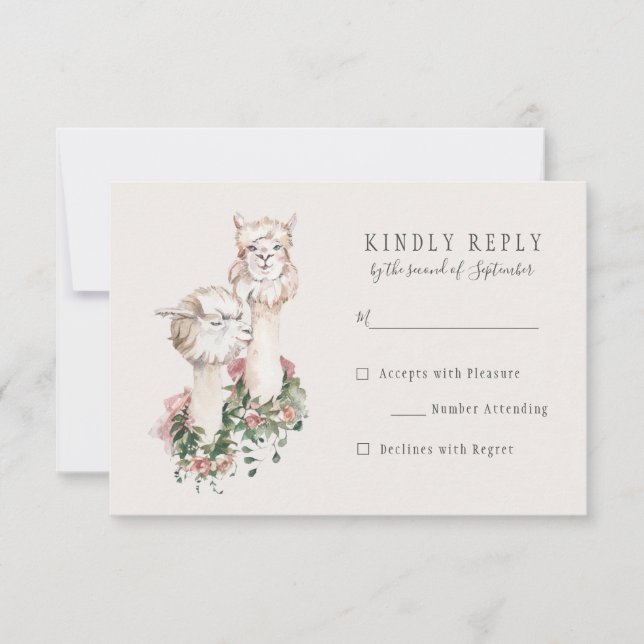 Romantic Bohemian Llama Wedding RSVP Reply Card (Front)