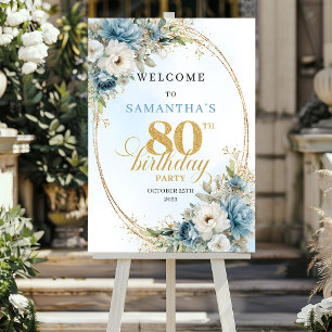 Romantic boho blue florals gold frame 80 birthday poster