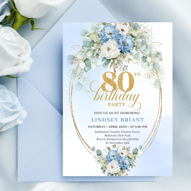 Romantic Boho Blue Peonies Gold 80th Birthday Invitation (Romantic Boho Blue Peonies Gold 80th Birthday Invitation)