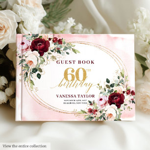 Romantic Boho Burgundy Floral 60th Birthday Guest Book