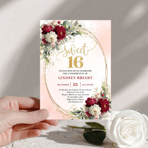 Romantic Boho Burgundy Gold Floral Sweet Sixteen  Invitation