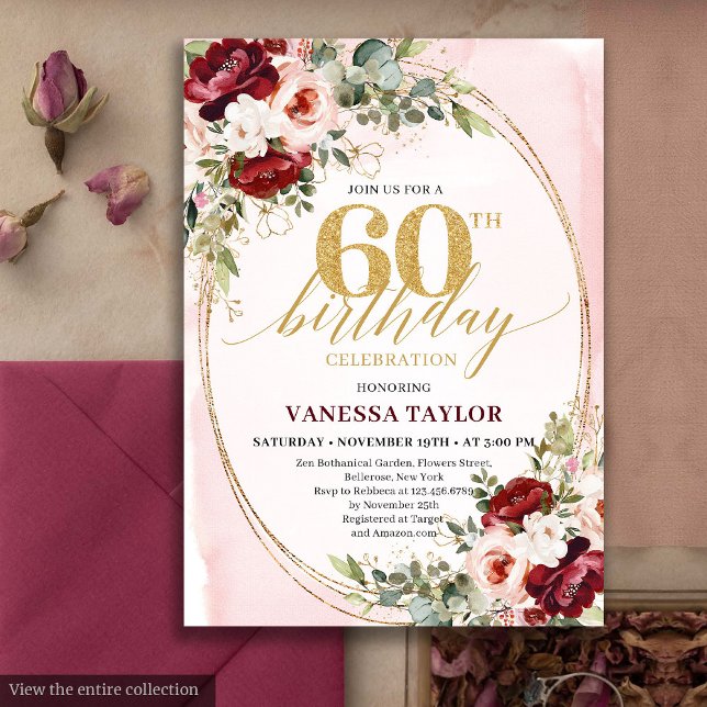 Romantic Boho Burgundy Gold Roses 60th Birthday Invitation (Romantic Boho Burgundy Gold Roses 60th Birthday)