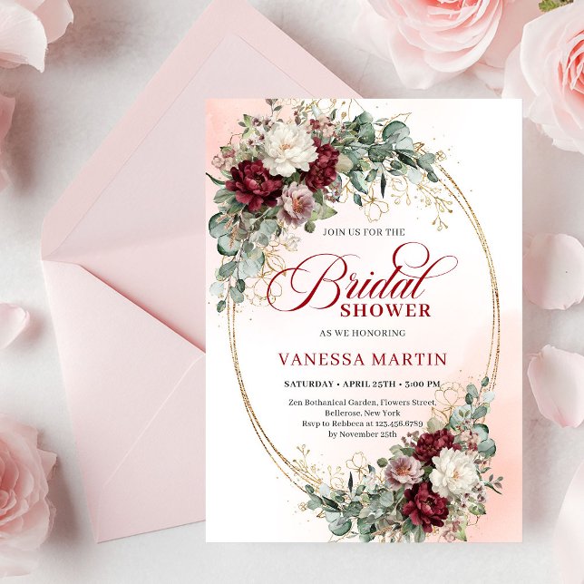 Romantic Boho Burgundy Greenery Gold Bridal Shower Invitation (Romantic Burgundy Greenery Gold Bridal Shower Invite)