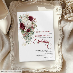 Romantic Boho Burgundy White Rose Wedding Invite