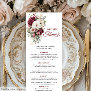 Romantic Boho Burgundy White Rose Wedding Menu