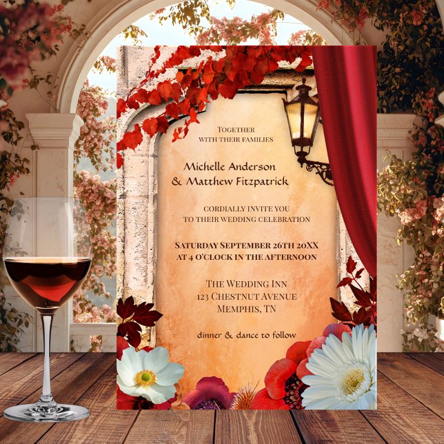 Romantic Boho Chic Autumn Wedding Invitation (Italian wedding invitation featuring festive and colorful autumn leaves and romantic flowers)