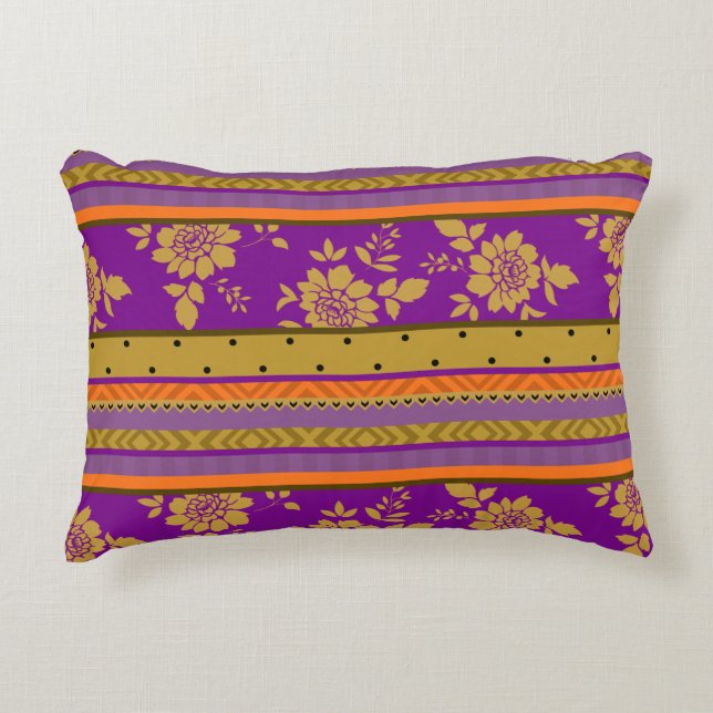 Romantic Boho Chic Striped Floral Pattern Decorative Cushion (Front)