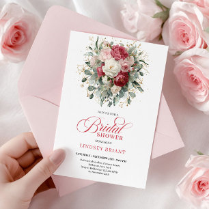 Romantic Boho Crimson Blush Gold Floral Bridal  Invitation